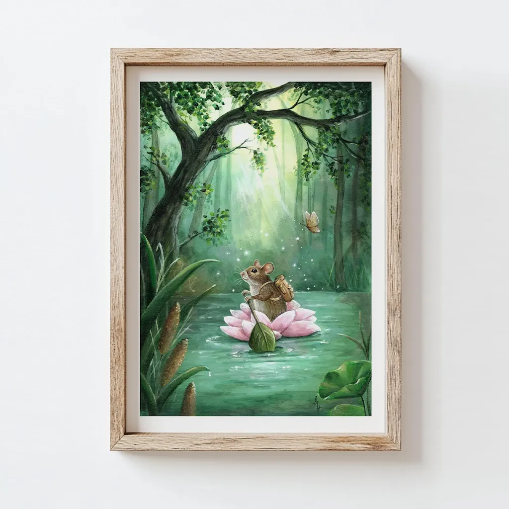 Artprint of mouse with backpack rowing on a river in pink flower in the midst of an enchanting forest