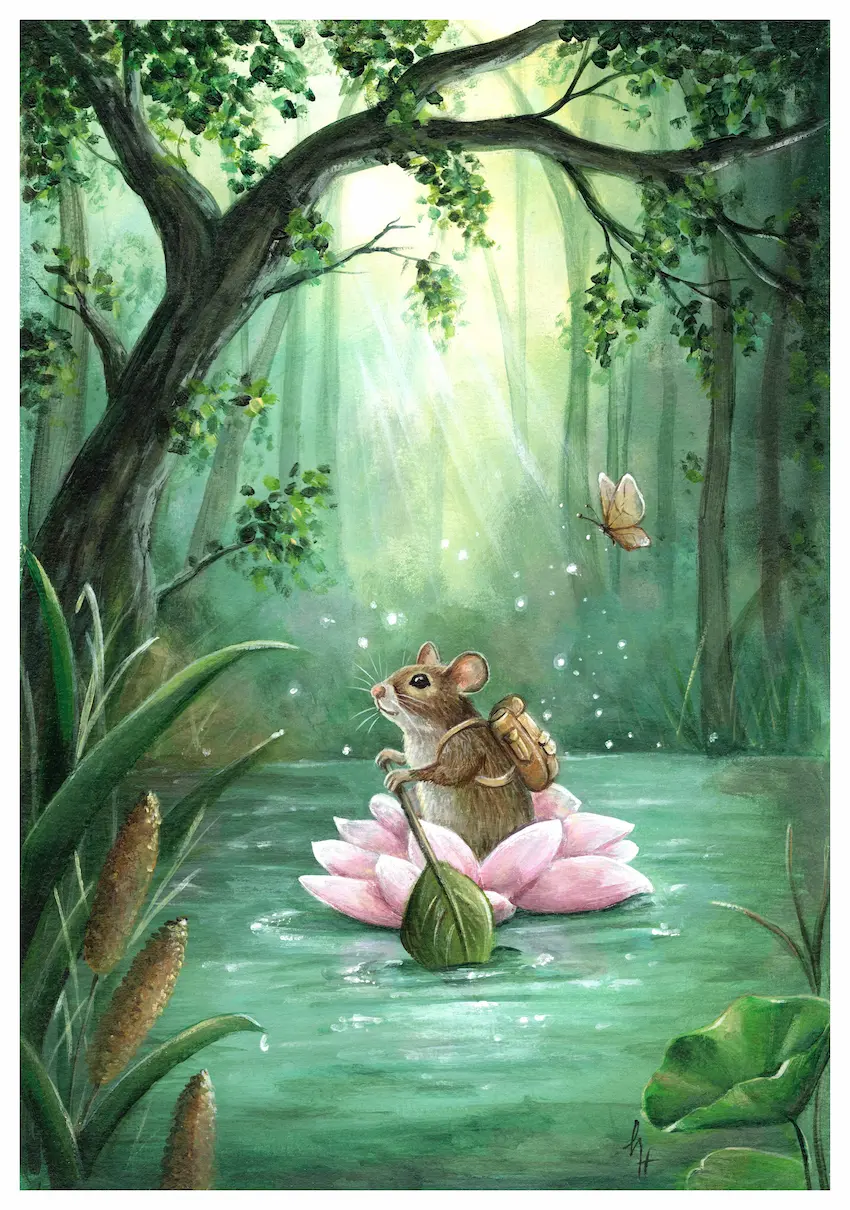 A mouse with backpack rowing on a river in a pink flower in the midst of an enchanting forest