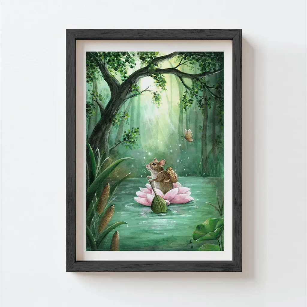 A mouse with backpack rowing on a river in a pink flower in the midst of an enchanting forest