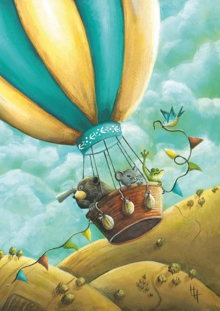 Blauw gele luchtballon met beer muis en kikker