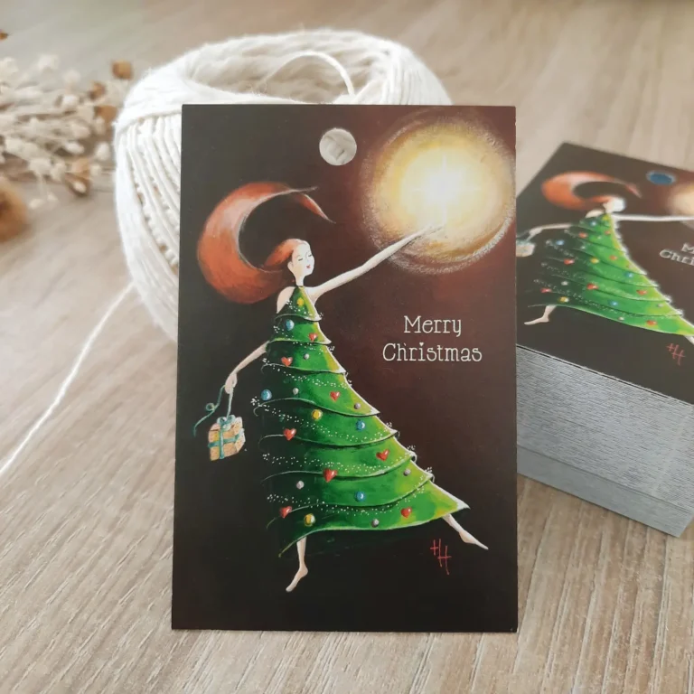 cadeaulabel van vrouw in kertboom jurk met cadeau in de hand