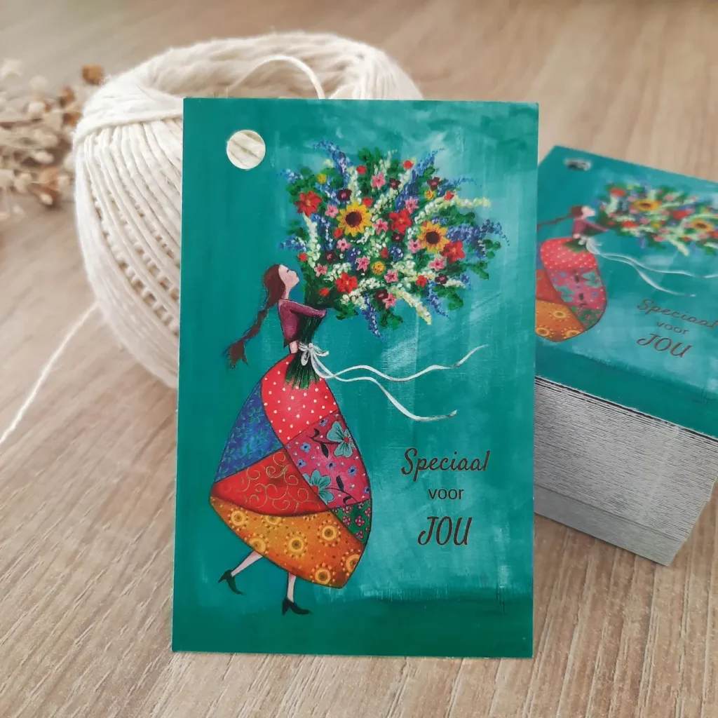 Speciaal voor jou cadeaulabel van meisje die heel groot bloemenboeket vasthoudt