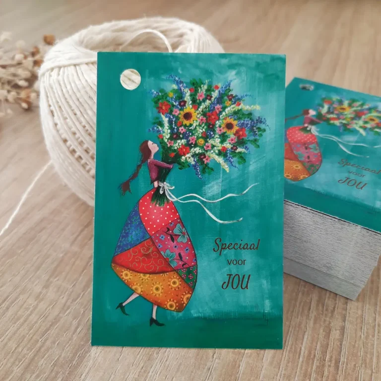 Speciaal voor jou cadeaulabel van meisje die heel groot bloemenboeket vasthoudt