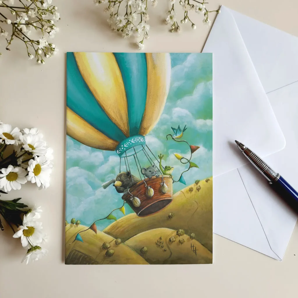 Wenskaart van luchtballon met beer muis en kikker