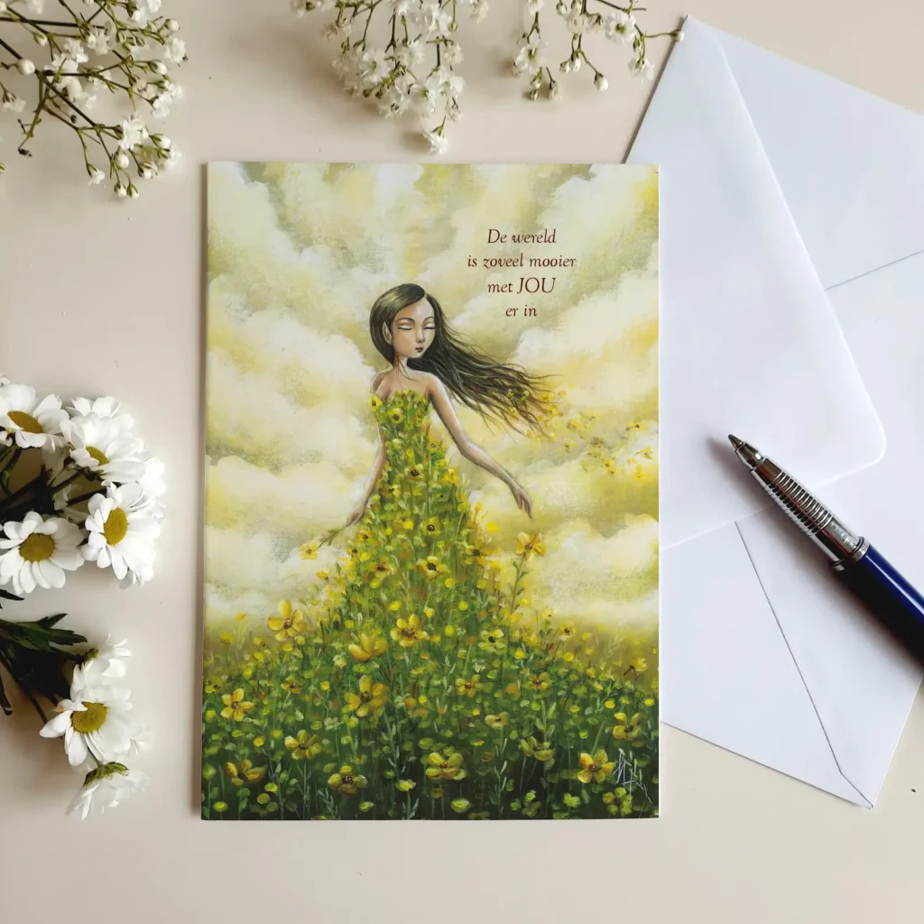 De wereld is zoveel mooier met jou er in wenskaart van meisje in bloemenjurk met gele wolken op de achtergrond