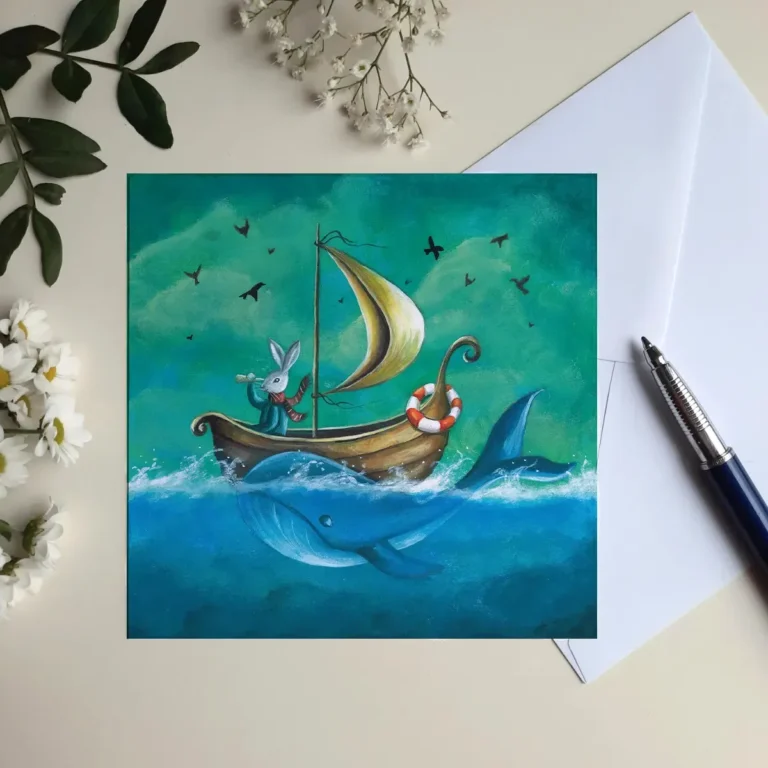 Wenskaart van konijn in een boot met walvis die er naast zwemt