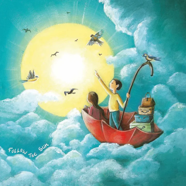 jongen en meisje met stapel koffers in een paraplu drijvend op de wolken met de zon op de achtergrond