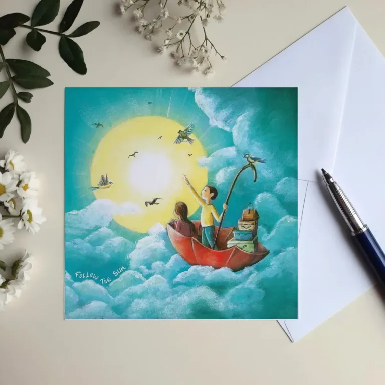 wenskaart van jongen en meisje met stapel koffers in een paraplu drijvend op de wolken met de zon op de achtergrond