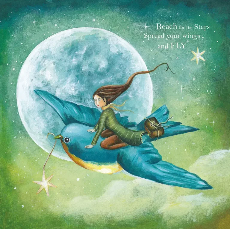 Wenskaart van een meisje die op een vliegende vogel met ster in de bek zit met de vollemaan en sterren hemel op de achtergrond
