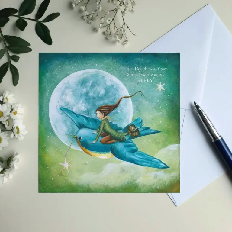 Wenskaart van een meisje die op een vliegende vogel met ster in de bek zit met de vollemaan en sterren hemel op de achtergrond