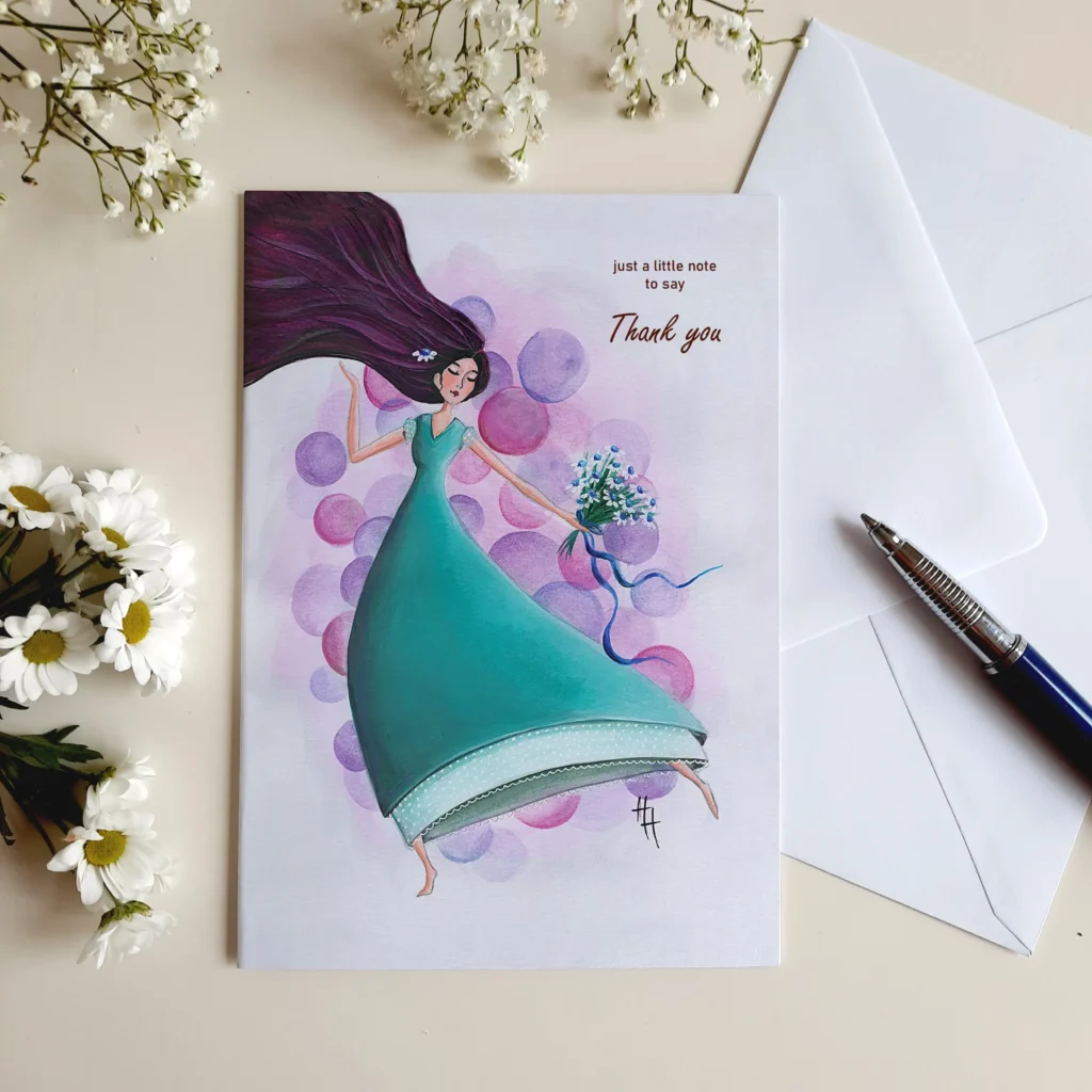 Thank you wenskaart met meisje in turquoise jurk die een boeket van madeliefjes vast houdt