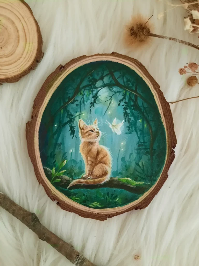 een ros katje zit op een boomstam in een groen bos en kijkt naar een vlinder